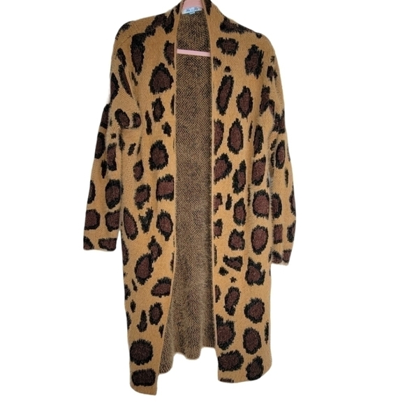 LEOPARD Print Open Front Long Cardigan  w Pockets - Picture 1 of 7